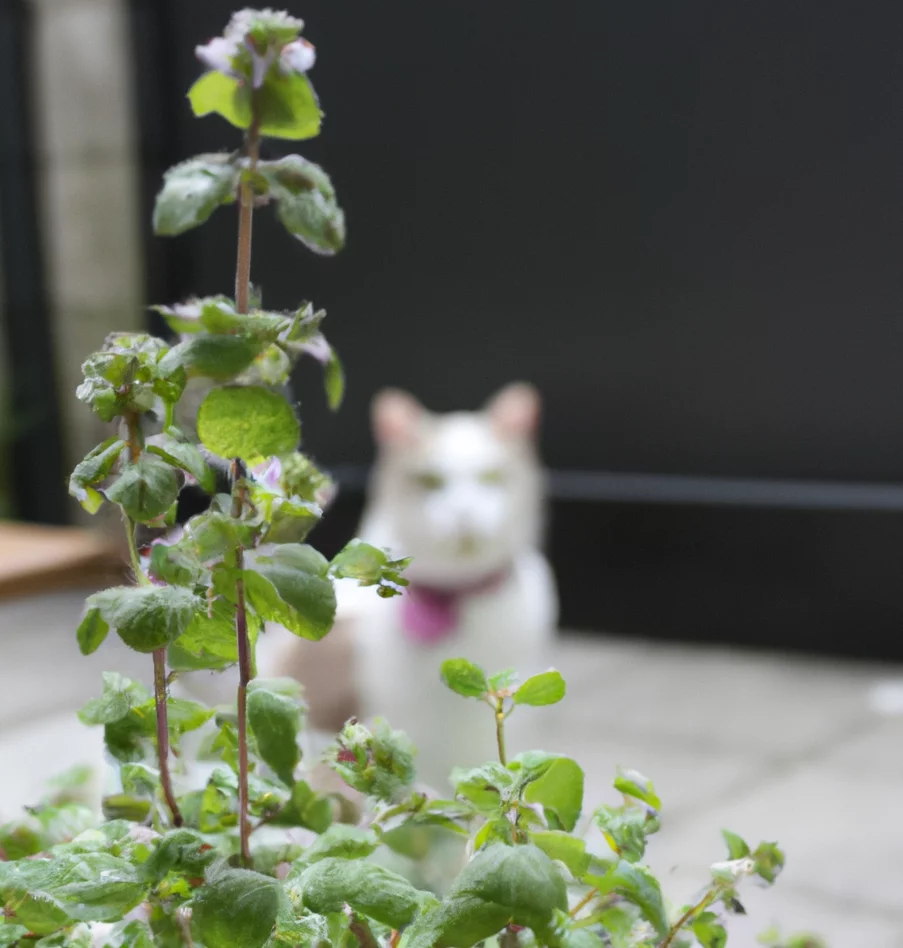 Marjoram plant with a cat in the background