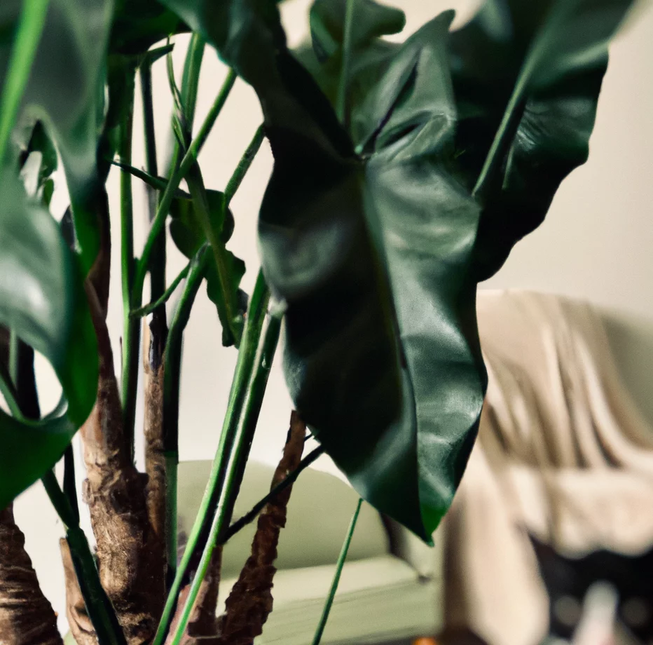 Philodendron tree with a cat in the background
