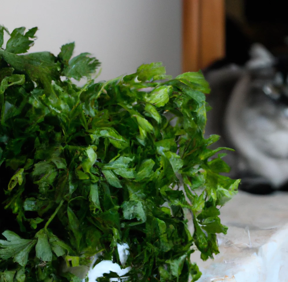 Spring Parsley with a cat in the background