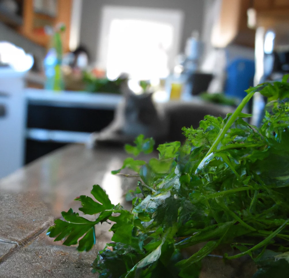 Spring Parsley with a cat in the background