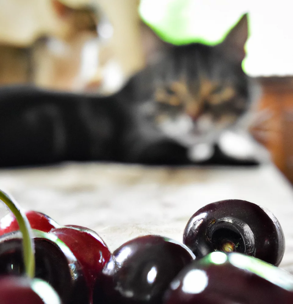 Sweet cherry and with a cat in the background