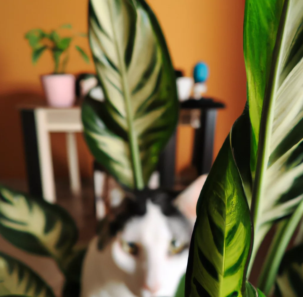 Variable Dieffenbachia with a cat in the background