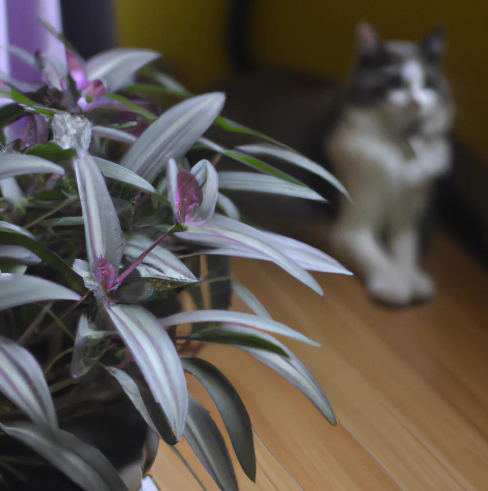 Variegated Inch Plant and a cat nearby