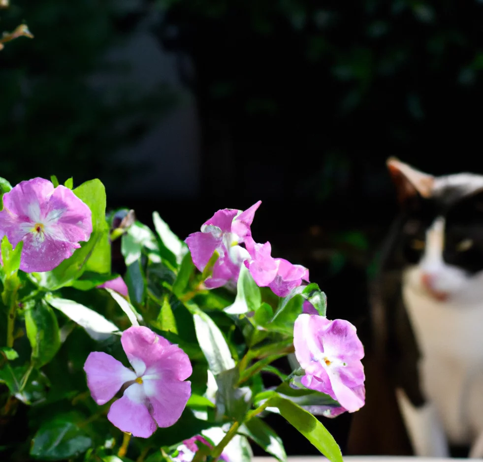 Vinca flowers with a cat in the background
