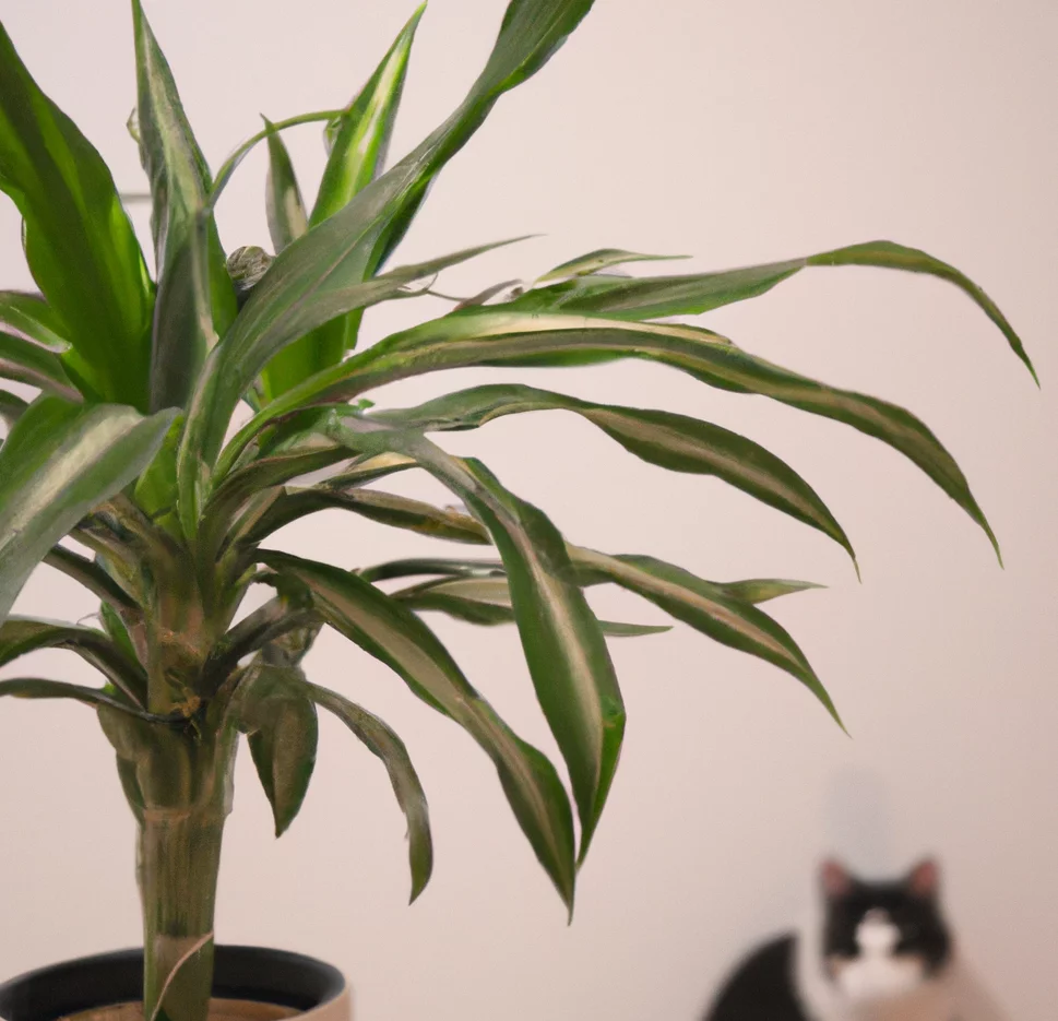 Warneckii Dracaena with a cat in the background