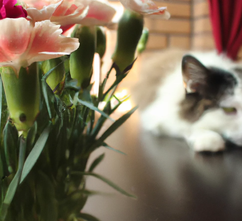 Wild carnations with a cat in the background