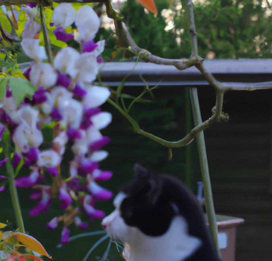 Wisteria plant with an cat in the background