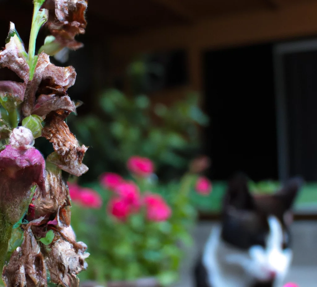 Withered snapdragon with a cat nearby