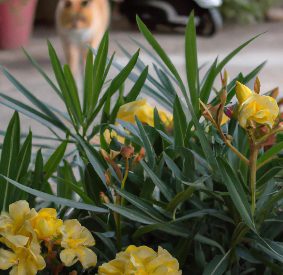 Yellow Oleander with a cat in the background