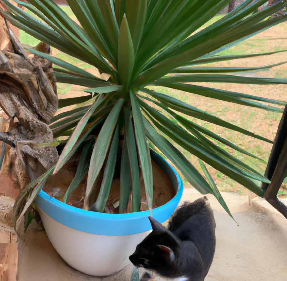 Yucca plant with a cat nearby
