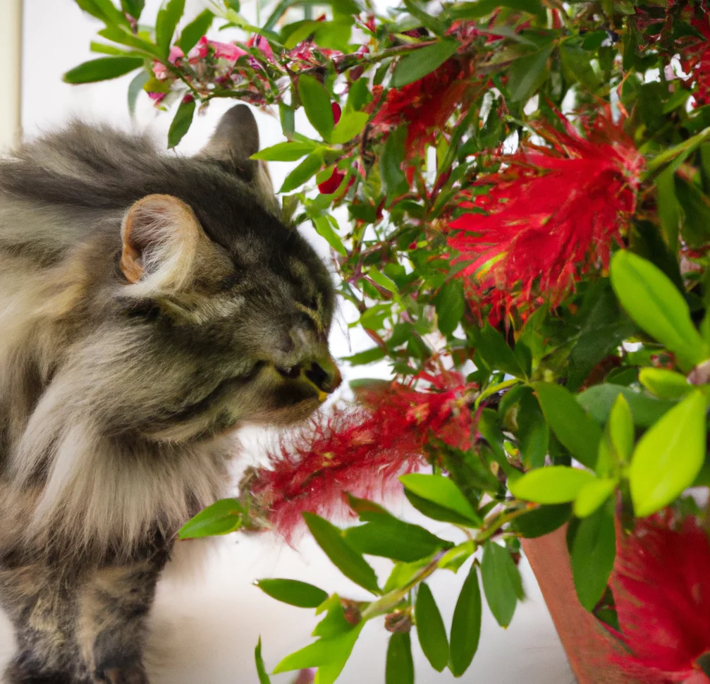 cat sniffs Bottlebrush