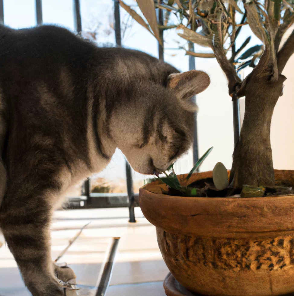 olive tree in a pot with a cat trying to sniff it