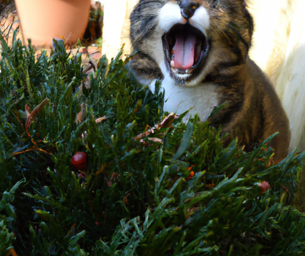 yew plant with a cat hissing at it