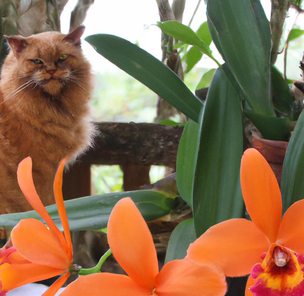 Cat looks at Cocktail Orchid