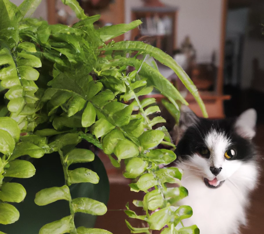 Cat looks at Dwarf Whitman Fern