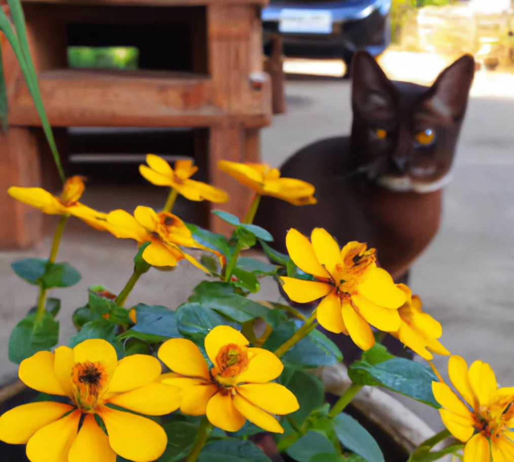 Cat sits near Creeping Zinnia