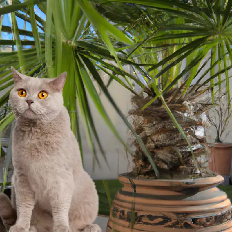 Cat sits near Fortunes Palm