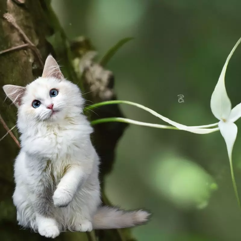 Cat sits near Ghost Leafless Orchid