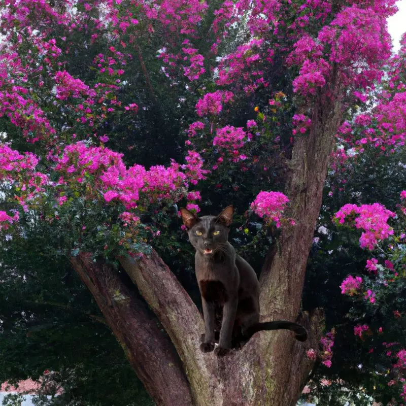 Cat sits on Crepe Myrtle tree