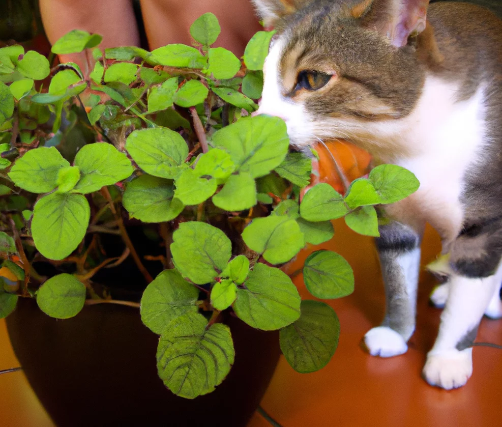 Cat sniffs Creeping Charlie