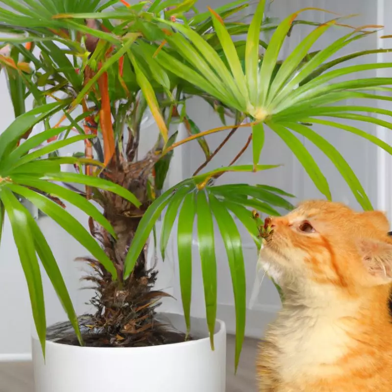 Cat sniffs lady palm