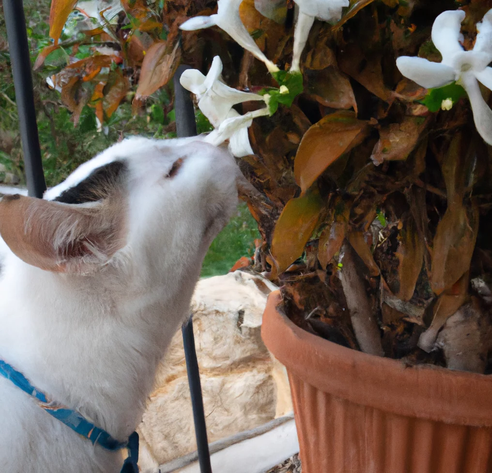 Cat stands near Confederate Jasmine