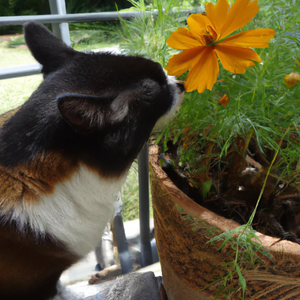 Cat stands near Coreopsis