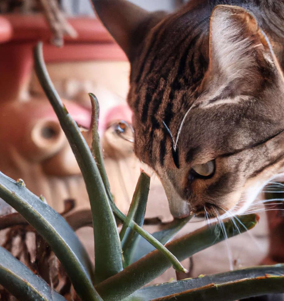 Cat stands near Cushion Aloe