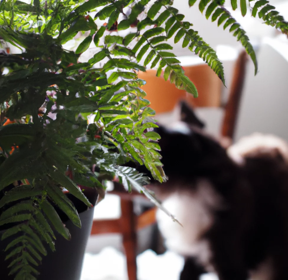 Cat stands near Dainty Rabbit’s Fern