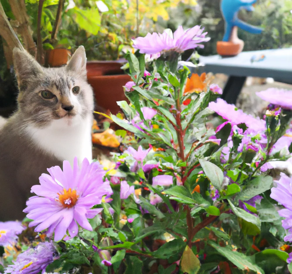 Cat stands near Easter Daisy