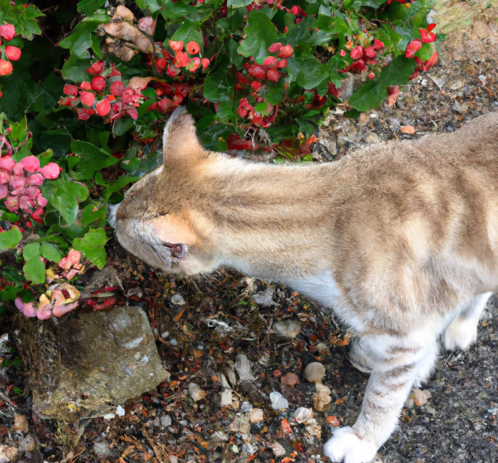 Cat stands near English Hawthorn