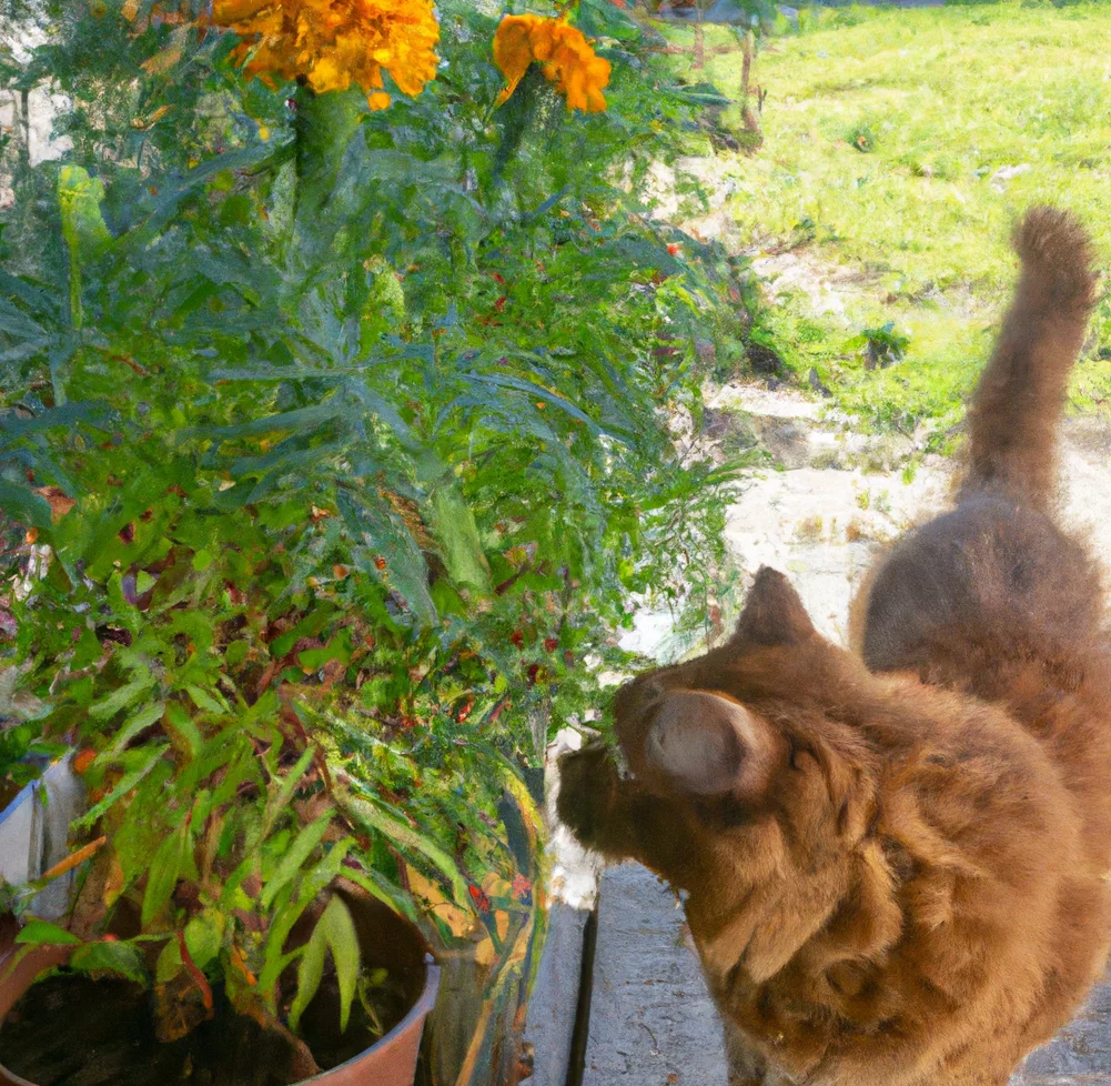 Cat stands near Garden Marigold
