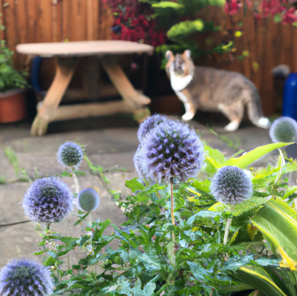 Cat stands near Globe Thistle