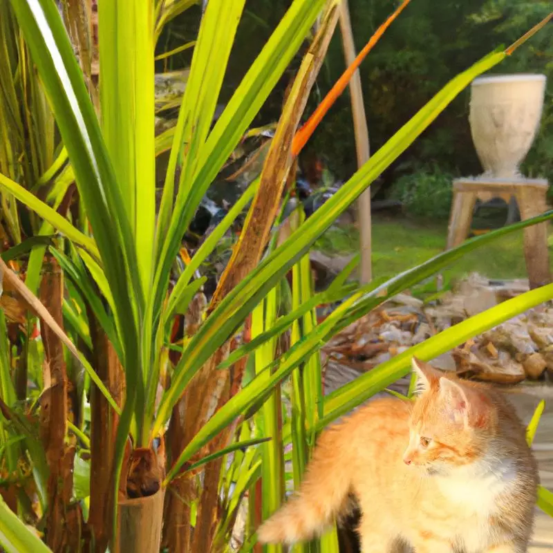 Cat stands near Lady Palm