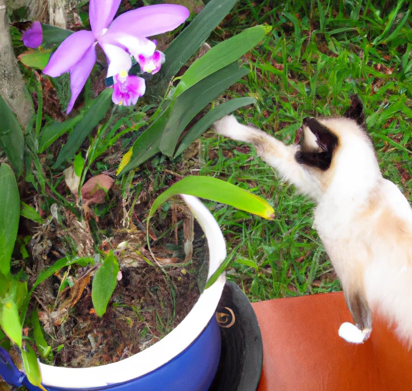 Cat tries to touch Easter Orchid