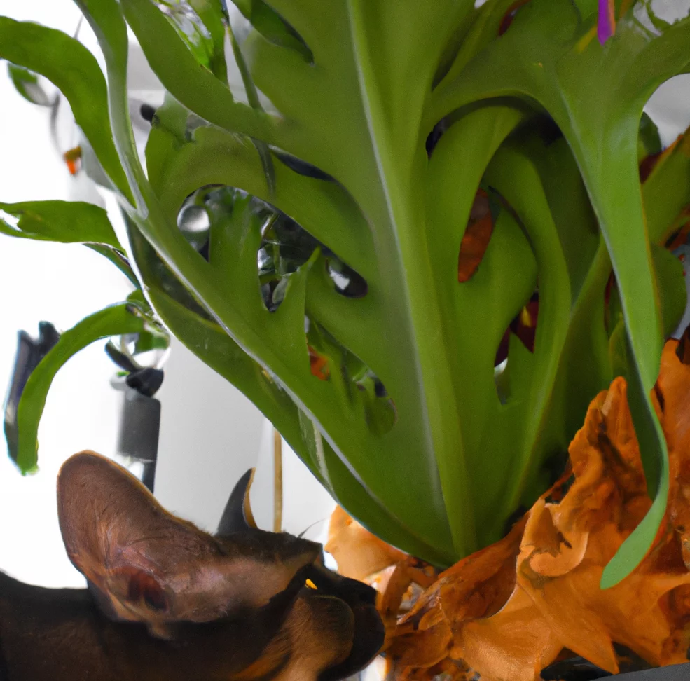 Common Staghorn Fern with a cat trying to sniff it