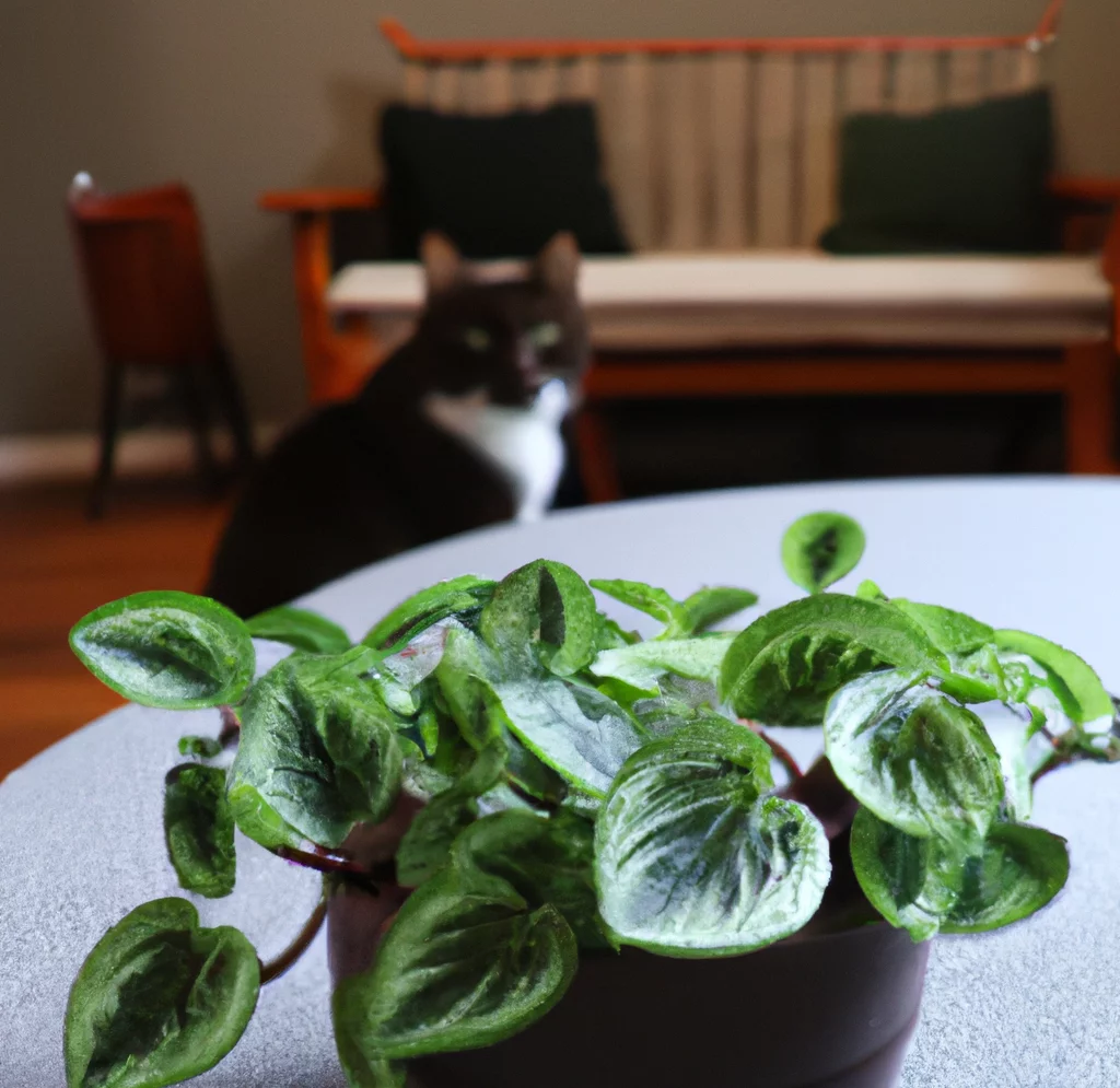 Emerald Ripple Peperomia plant with a cat in the background
