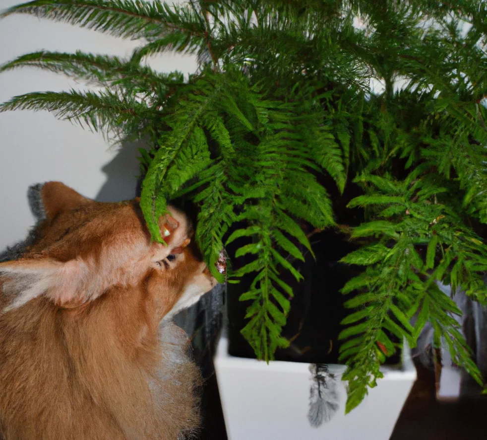 Dainty Rabbit’s Fern with a cat trying to sniff it
