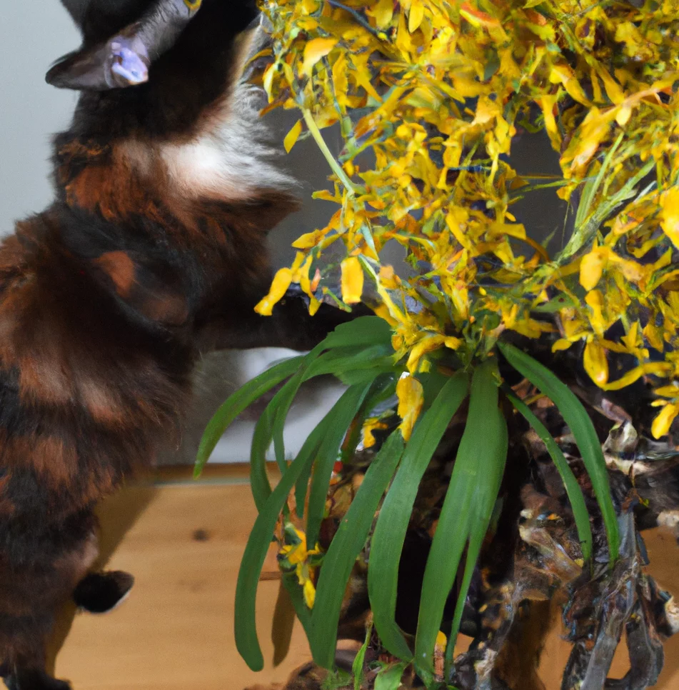 Dancing Doll Orchid with a cat trying to sniff it