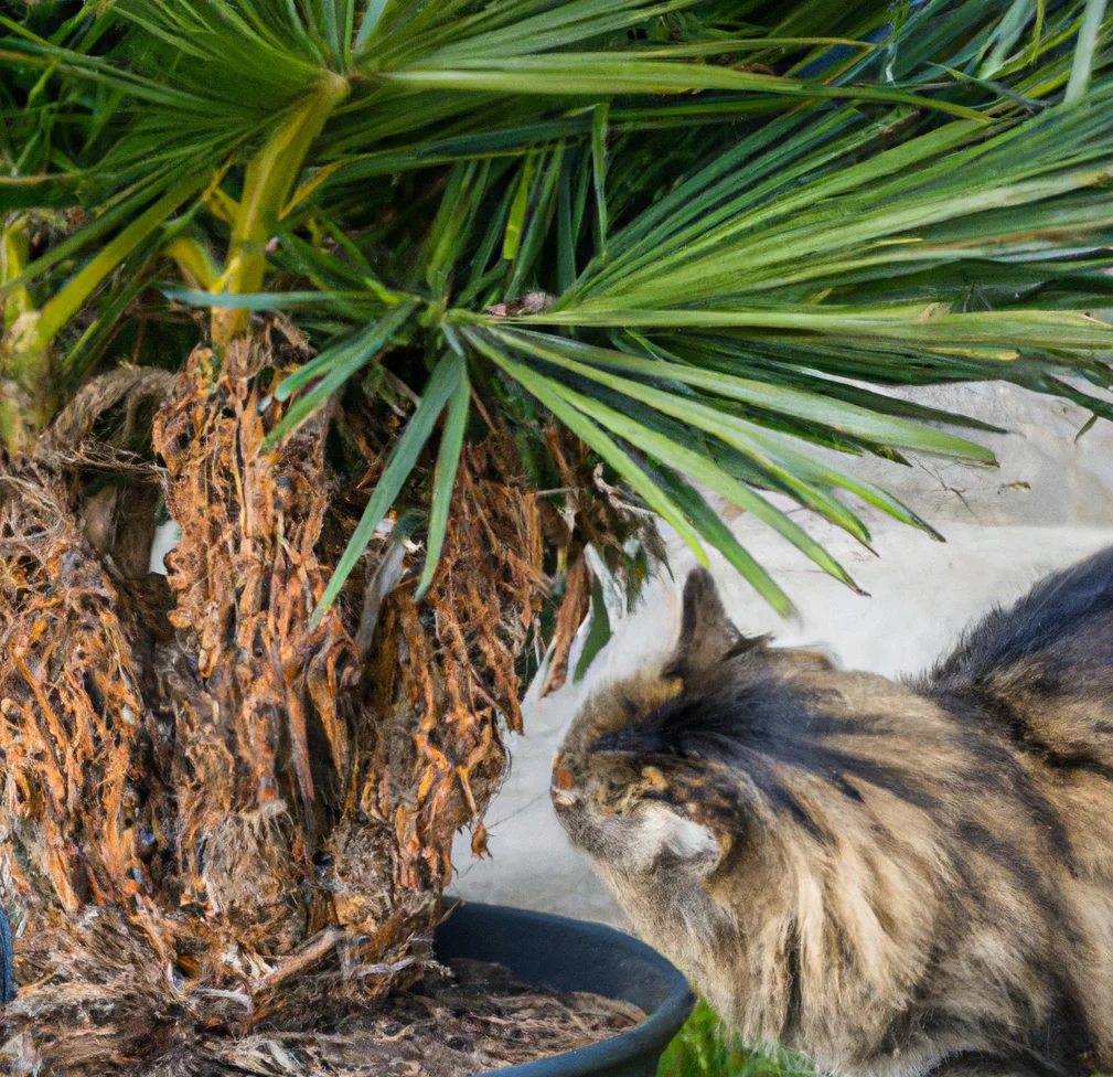 Dwarf Date Palm with a cat trying to sniff it