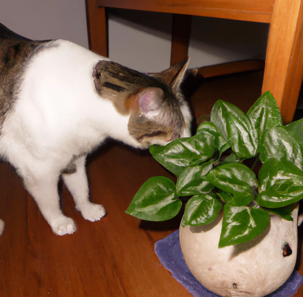 Emerald Ripple Peperomia with a cat trying to sniff it