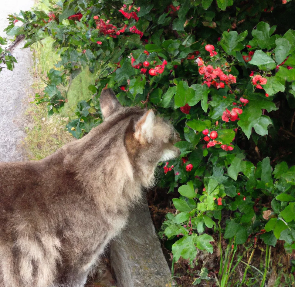 English Hawthorn with a cat trying to sniff it