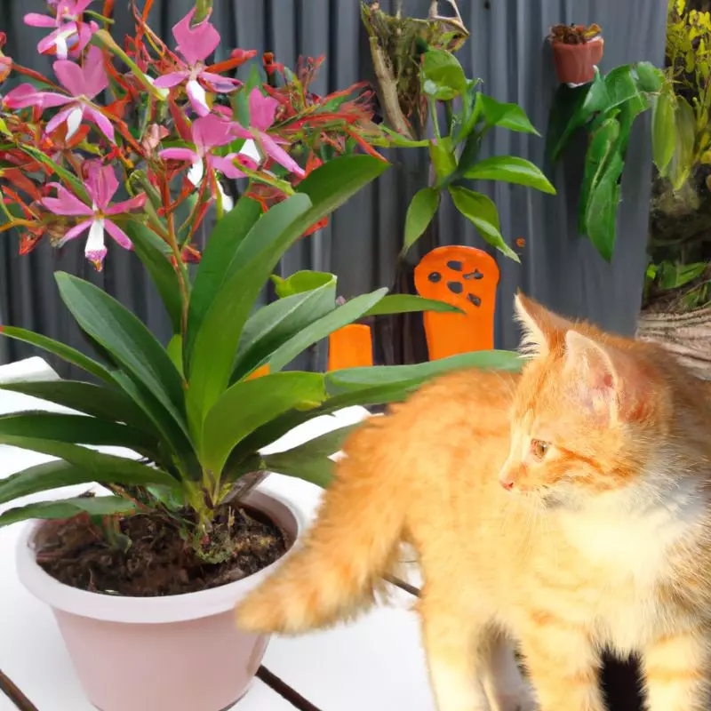 Fiery Reed Orchid and a cat nearby