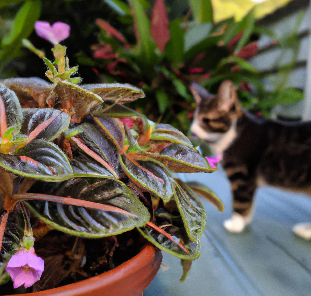 Flame violet plant with a cat in the background