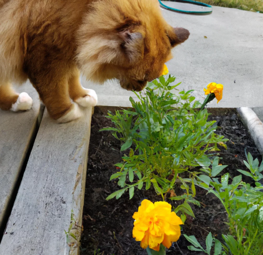 Garden Marigold with a cat trying to sniff it