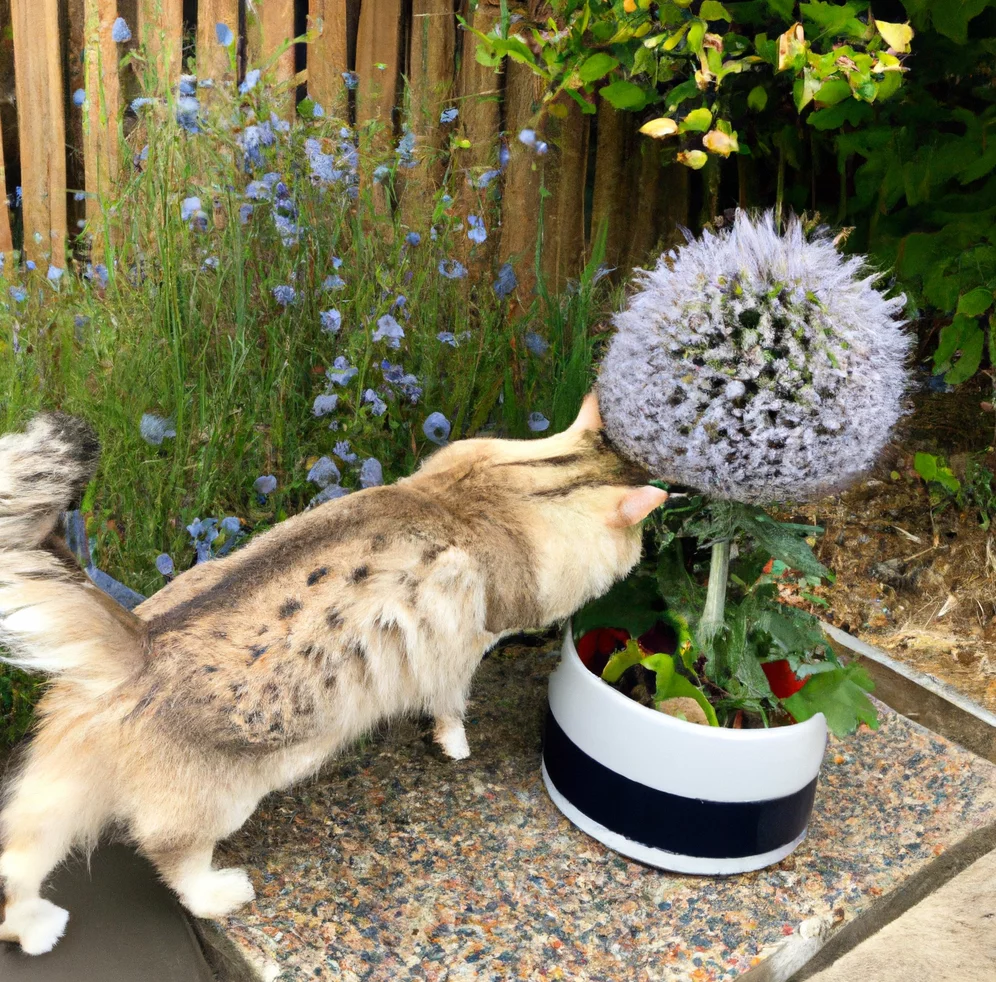 Globe Thistle with a cat trying to sniff it
