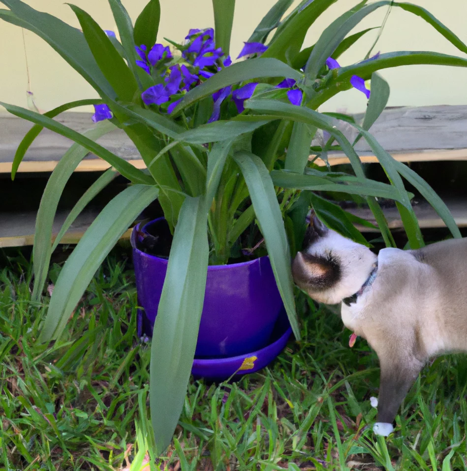 Queen’s Spiderwort plant with a cat trying to sniff it