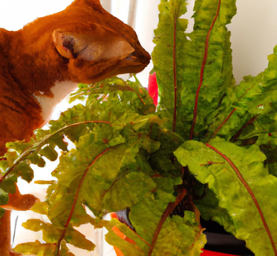 Asplenium bulbiferum plant with a cat trying to sniff it