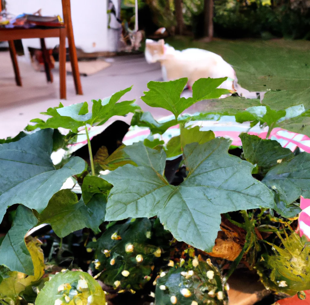 Cat sits behind Hedgehog Gourd