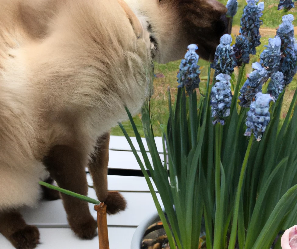 Cat sits near Grape Hyacinth